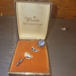 Vintage Carla 12KT Gold Filled Moonstone Stick Pin Brooch Filigree w Box